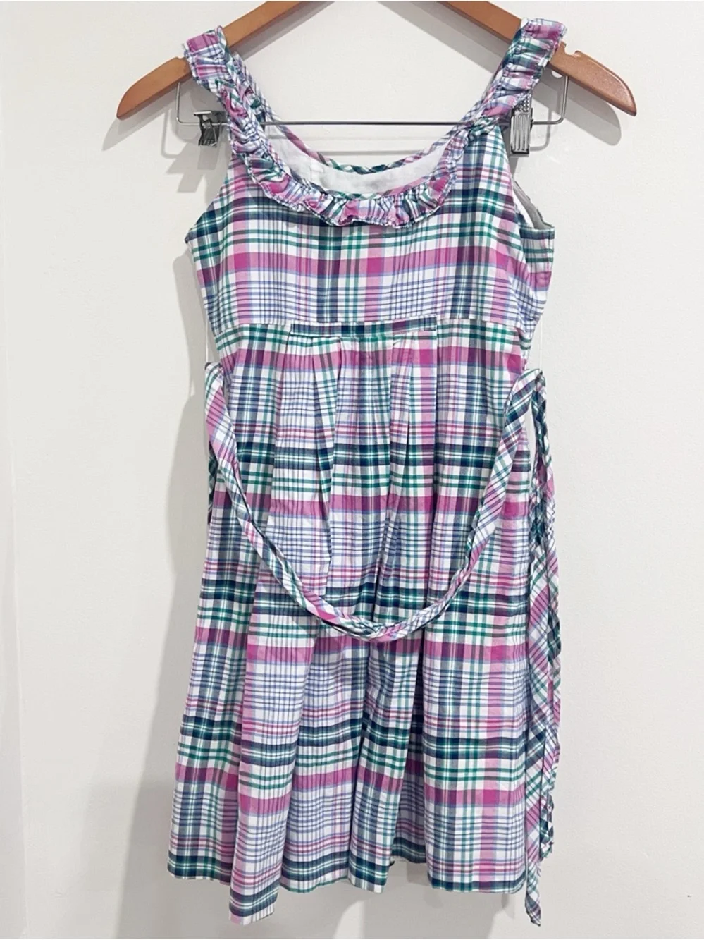 EUC Ralph Lauren Girl’s Plaid Ruffled Neck Tie Waist Cotton Summer Dress